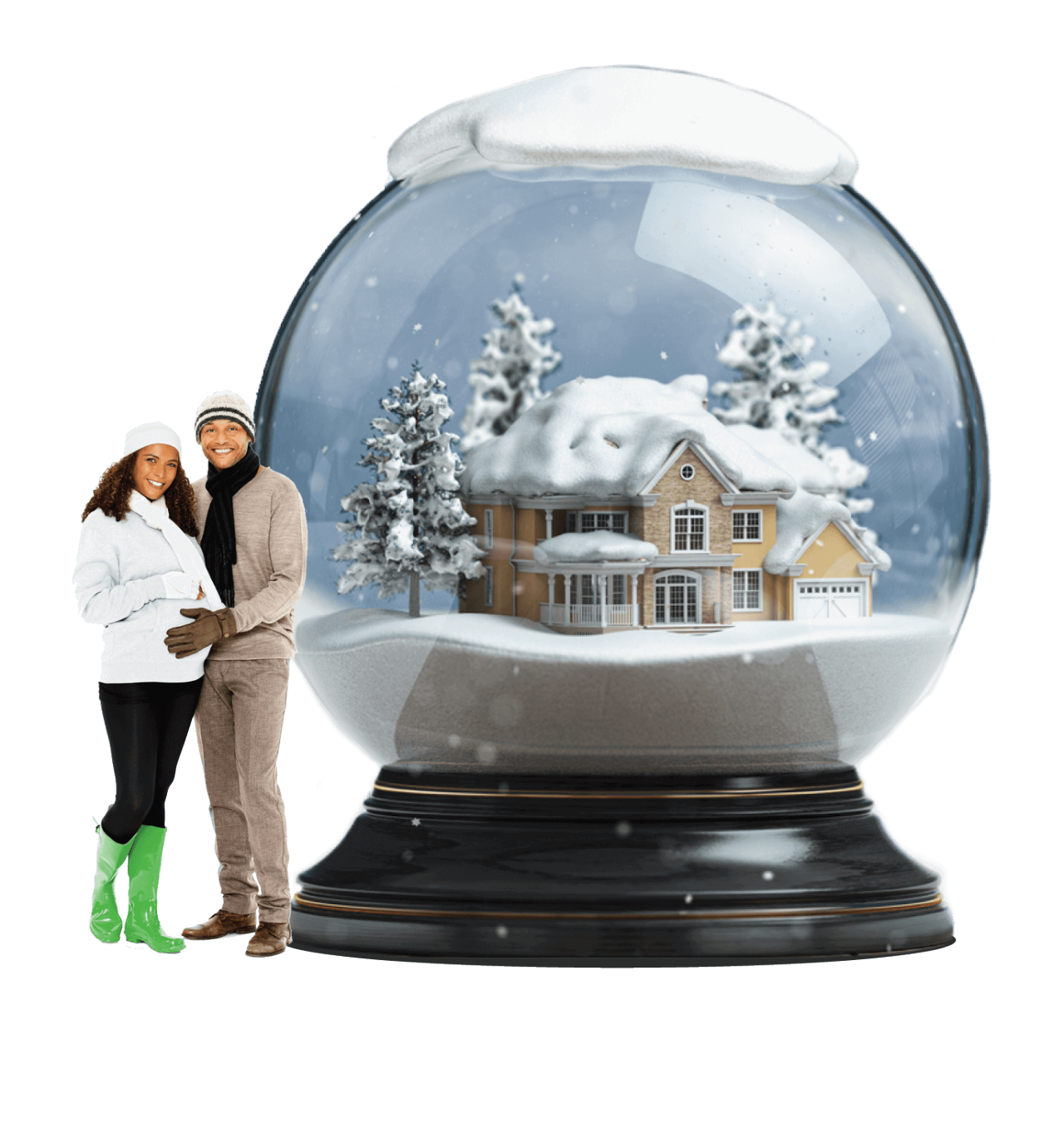 Couple standing by large snow globe that has a beautiful home inside